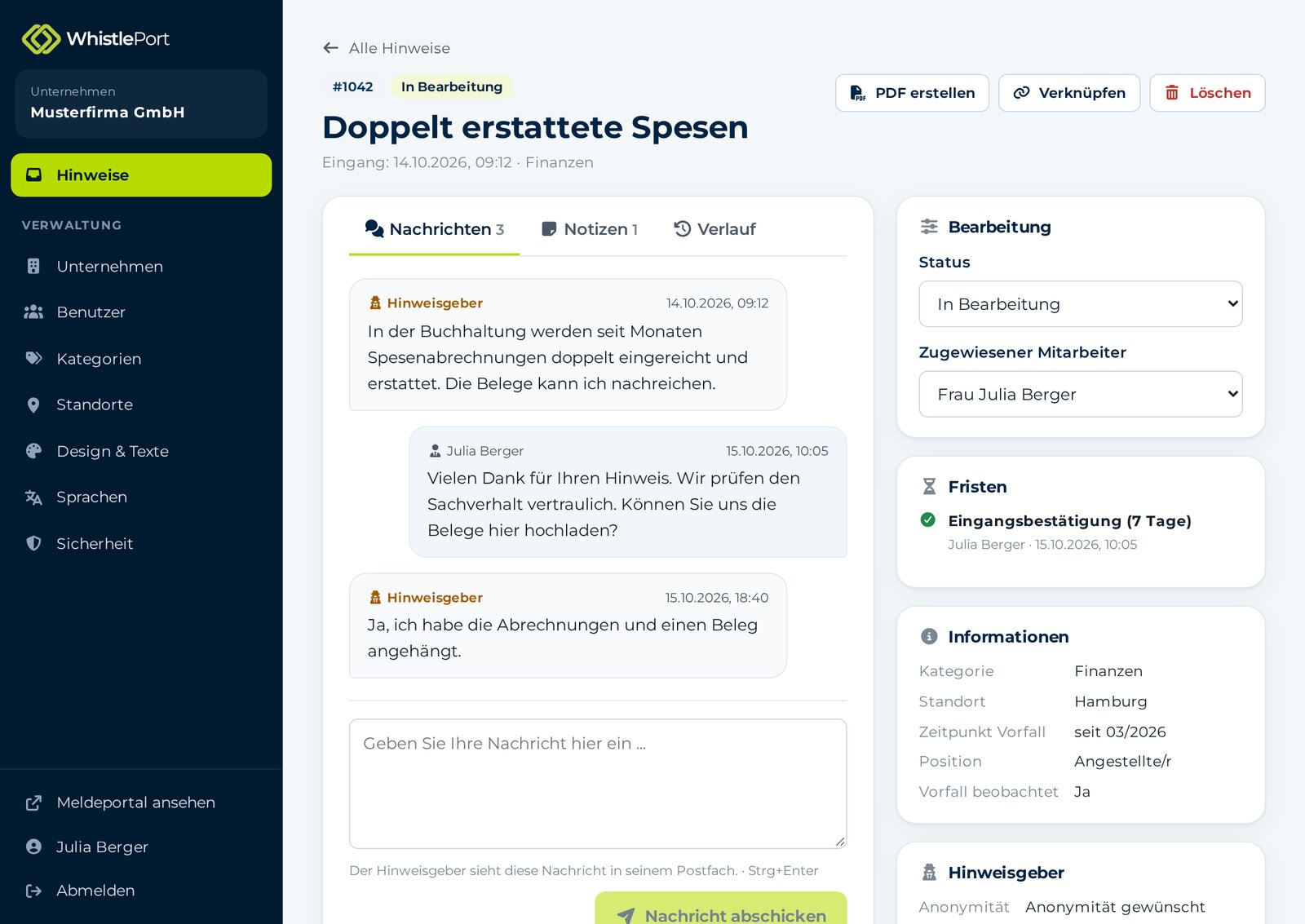 Bearbeitung eines Hinweises in der WhistlePort-App